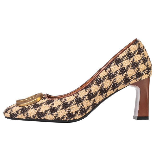 Wonderful love of houndstooth ~ Xiaoxiangfeng high heels women's thick heels new temperament square head Mary Jane shoes