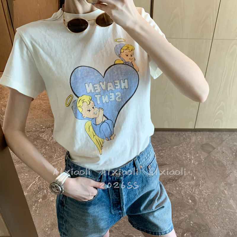 【A1Xiao】Nanyou R Cartoon Heart Angel Pattern Printed Casual Short-Sleeved T-Shirt for Women 26 New Summer Style