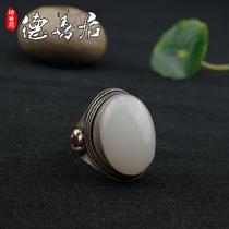 Hetian jade antique ring Hand jewelry ring male white jade fine pinched silk enamel color antique white jade finger