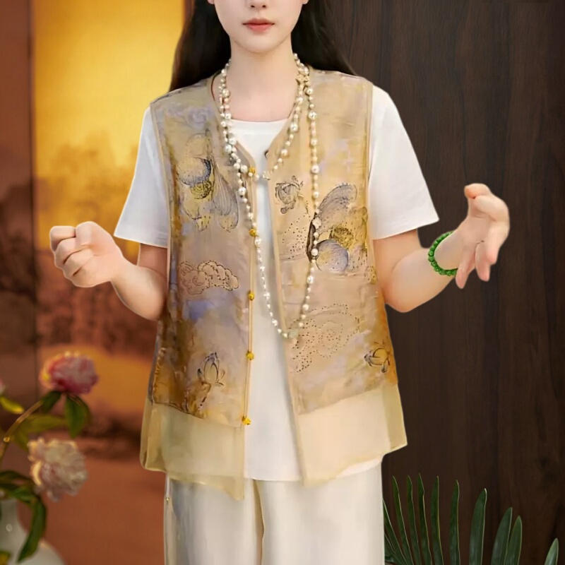 New Chinese-Style Silk Vest for Women, Sleeveless Loose Cardigan, Summer New National Style Sleeveless Jacket, Xiangyun Silk Top New Chinese-Style Silk Vest for Women, Sleeveless Loose Cardigan, Summer New National Style Sleeveless Jacket, Xiangyun Silk Top