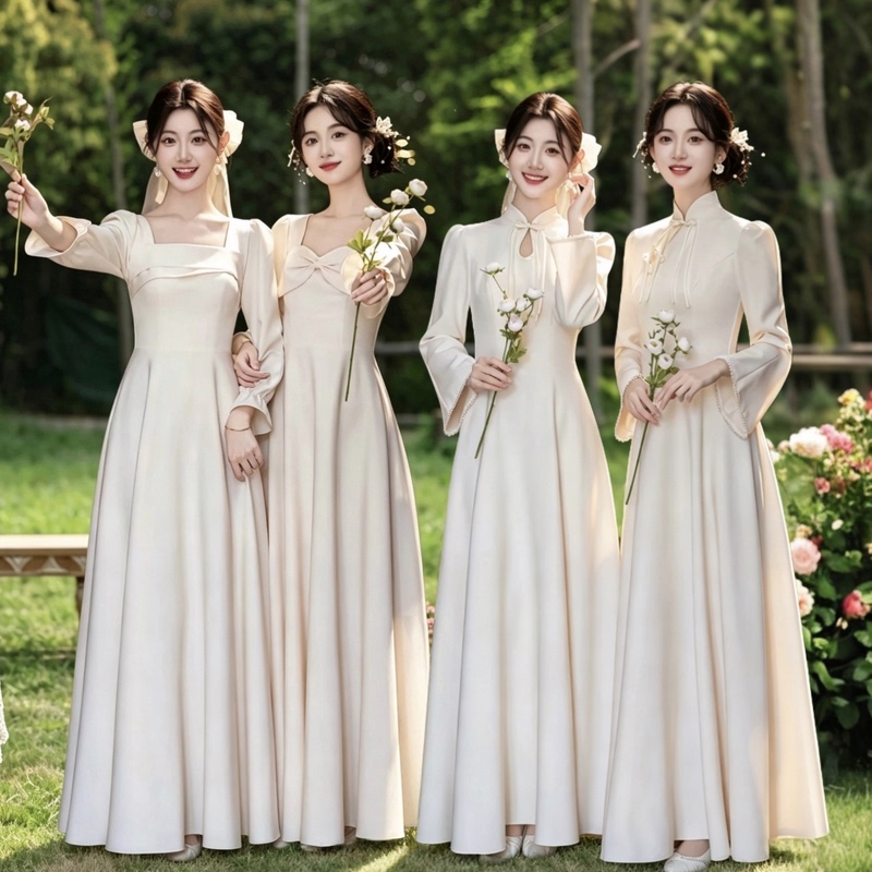 Champagne-Colored Satin Bridesmaid Dress 2026 Autumn and Winter New Long-Sleeved High-End Beautiful Wedding Sister Group Dress Winter Champagne-Colored Satin Bridesmaid Dress 2026 Autumn and Winter New Long-Sleeved High-End Beautiful Wedding Sister Group Dress Winter