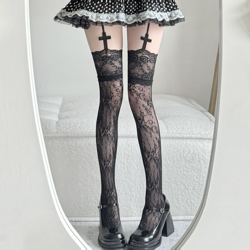Lolita Lace Mesh Pattern Stockings Y2K Subculture Gothic Style Ballet Retro Jk Over-The-Knee Garter Stockings for Women