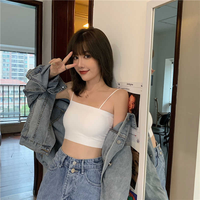 Ice Silk Camisole for Women, Summer Thin Solid Color Seamless Student Tube Top with Chest Pad, Anti-Exposure, Beautiful Back, Short