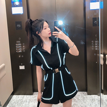 (1 piece 8 fold 2 pieces 7 fold 3 pieces 6 fold) female high waist reflective black shorts loose conjoined suit