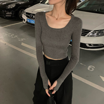 Jing Ye Knitted Sweater Women Spring and Autumn 2021 New slim sexy square collar with base long sleeve short top