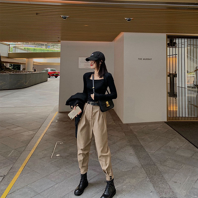 Jingye long-sleeved t-shirt women's spring and autumn short section slim bottoming shirt 2021 new cropped collar top