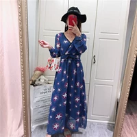 Voan floral print dress 2018 mùa xuân và mùa hè mới của Hàn Quốc phụ nữ một từ váy eo slim slimming đầm xòe trễ vai voan