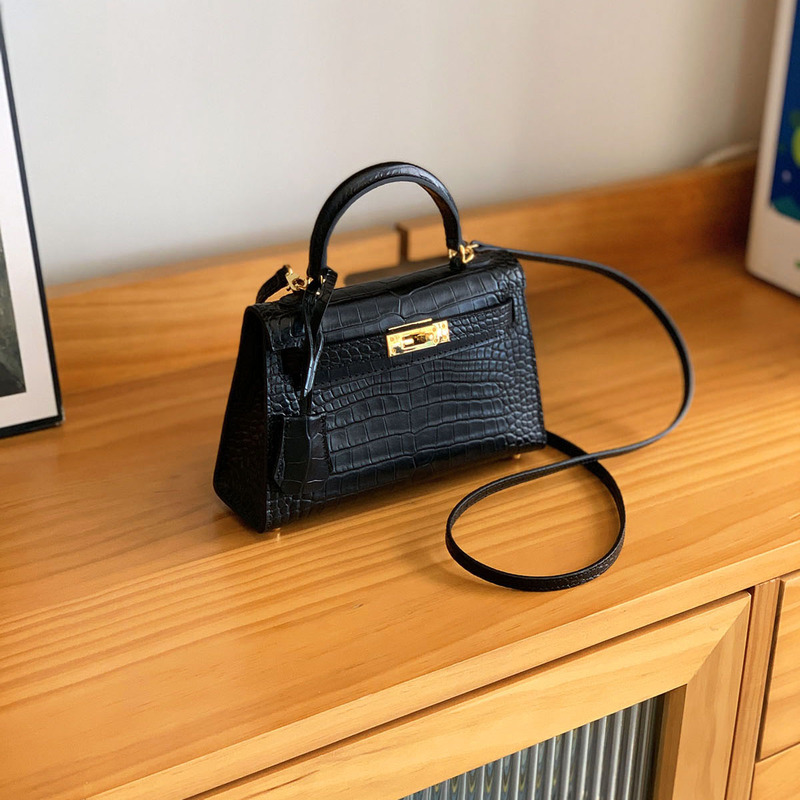 Second Generation Kelly Bag for Women 2026 New Mini Kelly Bag Genuine Leather Black Bag for Women Textured Crossbody Small Bag Mini