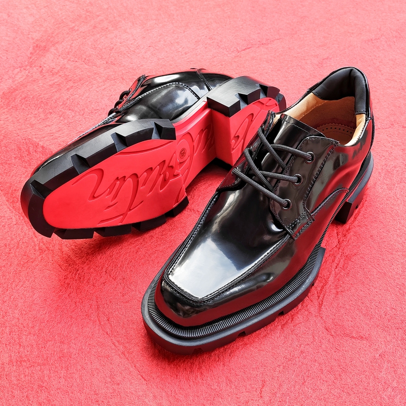 Jackson Wang Style Thick-Soled Height-Increasing Red-Soled Shoes, Runway Genuine Leather Small Square Toe Glossy Leather Shoes, Formal Derby Shoes for Men