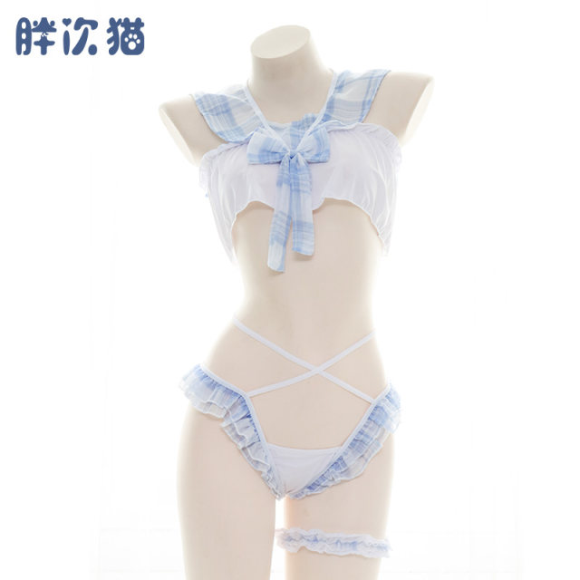 ຊຸດແມ່ບ້ານ Plaid sailor ເຄິ່ງໂປ່ງໃສ chiffon bow pajamas sexy lingerie home wear nightgown