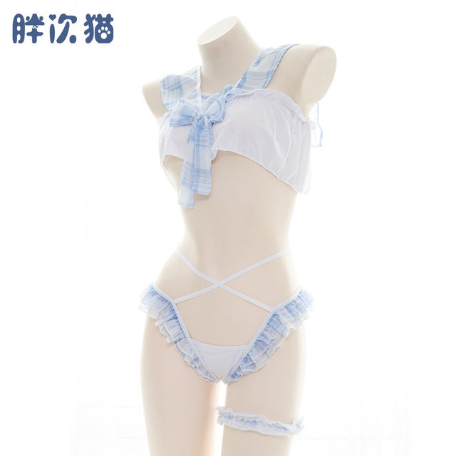 ຊຸດແມ່ບ້ານ Plaid sailor ເຄິ່ງໂປ່ງໃສ chiffon bow pajamas sexy lingerie home wear nightgown