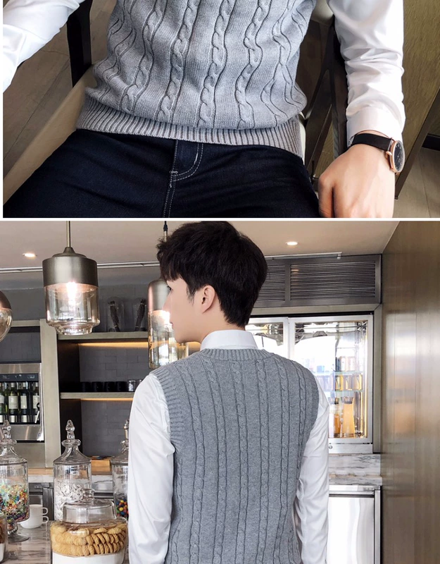 Mùa thu đông nam vest len ​​cổ chữ V phiên bản Hàn Quốc của áo len không tay vest vest cotton cotton đan vest áo ba lỗ gym