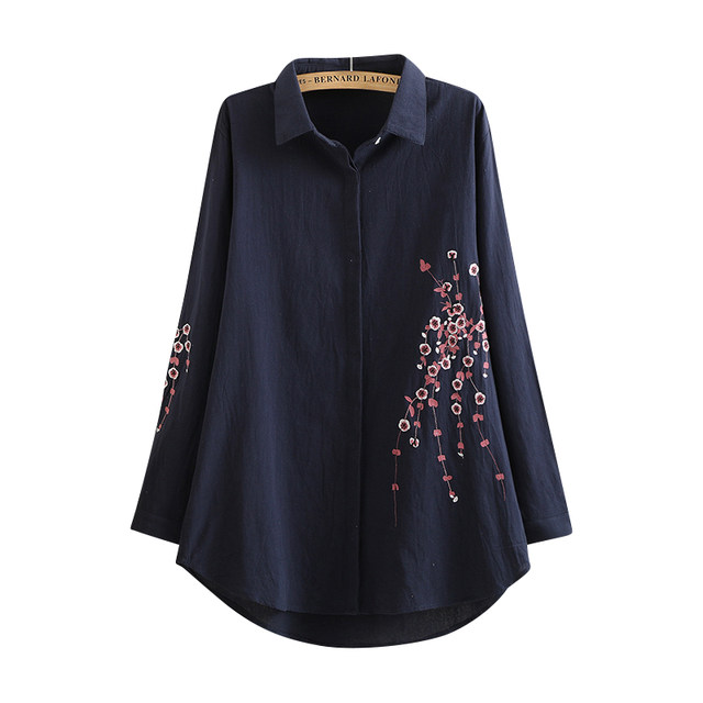 Spring and autumn large size women's clothing 2023 fat mm spring cotton and linen shirt women's loose large size long-sleeved embroidered shirt mid-length