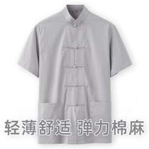 Summer Tang suit new gray short sleeve male Chinese style mens open fork disc buckle loose Chinese elastic cotton linen middle sleeve