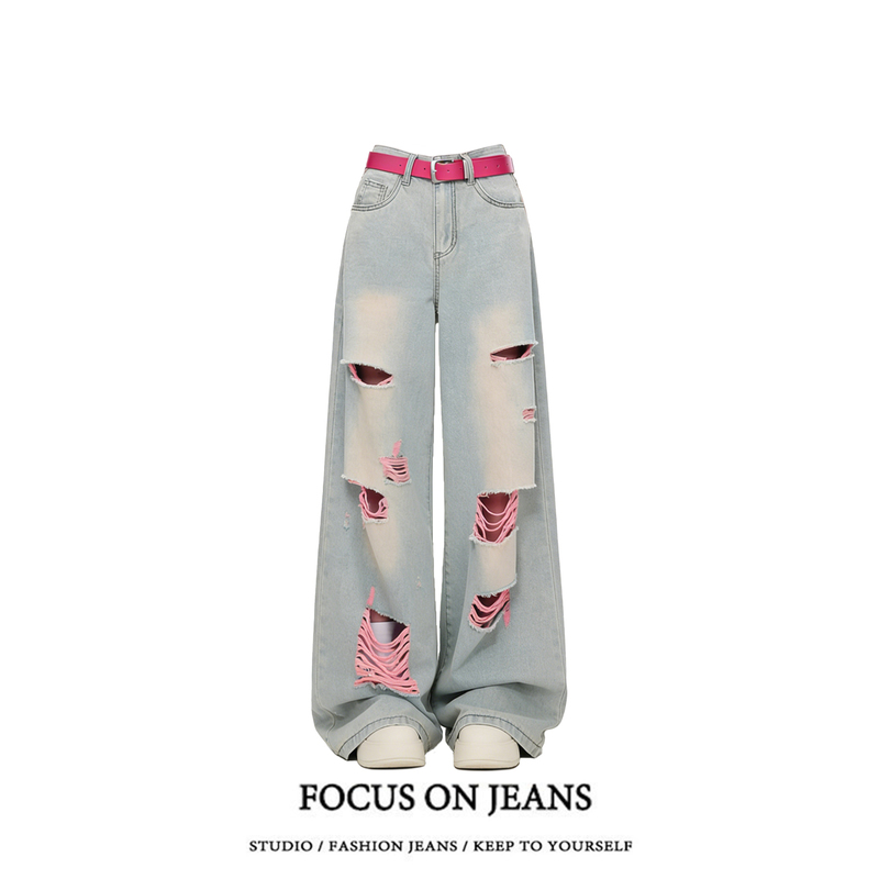 Stylish Pink Ripped Jeans for Women, 2026 Summer New Street Style Loose Straight-Leg Wide-Leg Pants