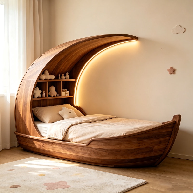 Designer Moon Cartoon Children's Bed, North American Black Walnut Solid Wood Bed, Curved Canopy, Childlike and Creative Boat Shape