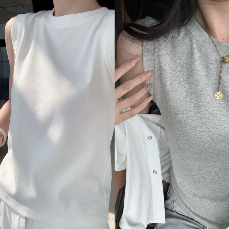 Round Neck Cotton Vest for Women, Spring and Summer 2026, Slim Fit, Can Be Worn Inside or Outside, Base Layer, Covers Side Breasts, Sleeveless T-Shirt Top