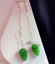 Natural Xinjiang and Tian Yubi jade earline female section 18K gold ear pendant leaf long with adjustable heart-moving display temperament