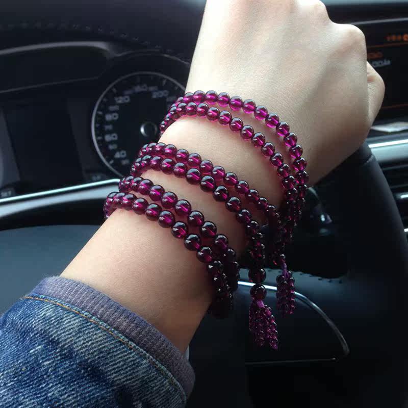 Natural full net body Purple Tooth Urpomegranate Stone Three Circles Bracelet Woman 108 Buddha Pearl Crystal Bracelet Intense purple-Taobao
