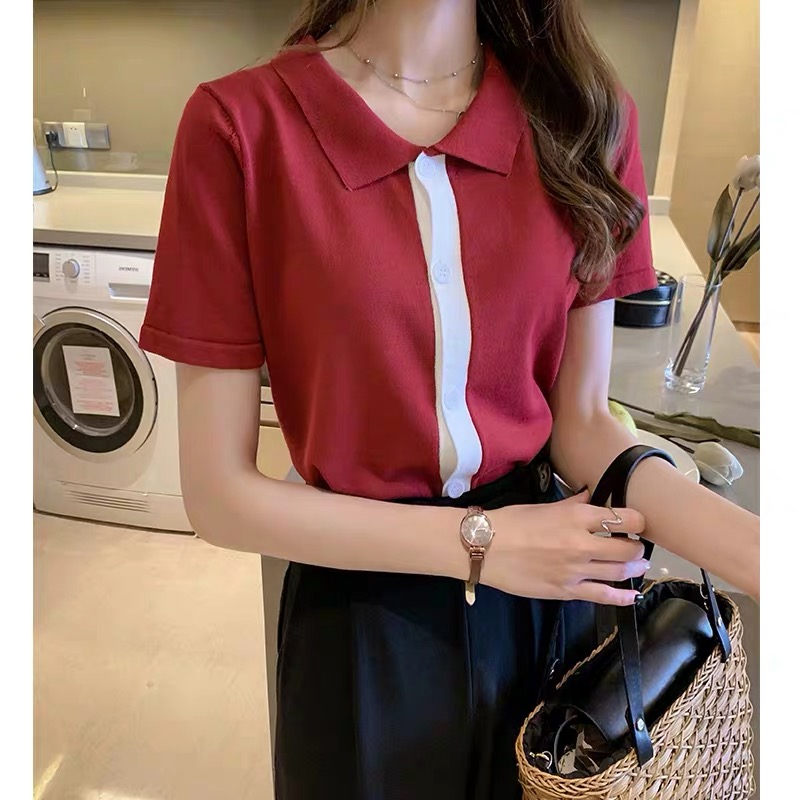 2021 New Summer Women's Dress Port Wind Retro Chic Blouse 100 Hitch Undershirt Polo Shirt Short Sleeve-Taobao