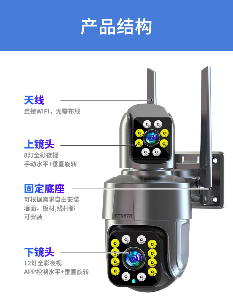 IP-камера 监控器360度无死角家用太阳能双目摄像头无线手机远程室外4g摄影 Stjiatu