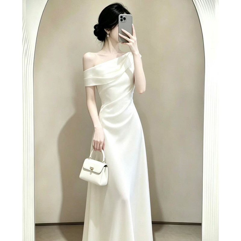 Runaway Princess Dress Evening Gown Light Luxury Niche Satin White Dress for Registration Elegant Banquet White Dress Runaway Princess Dress Evening Gown Light Luxury Niche Satin White Dress for Registration Elegant Banquet White Dress