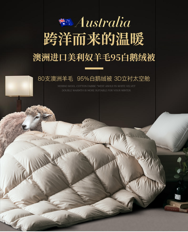 出口全球 鸿润家纺 80支美利奴羊毛羽绒冬被 95%白鹅绒 200*230cm 图1