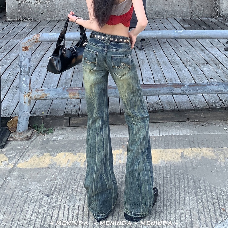 【Mei Nian Da】American Retro Bamboo Stitch Flared Jeans for Women, Spring Textured Low-Waist Hot Girl Long Pants