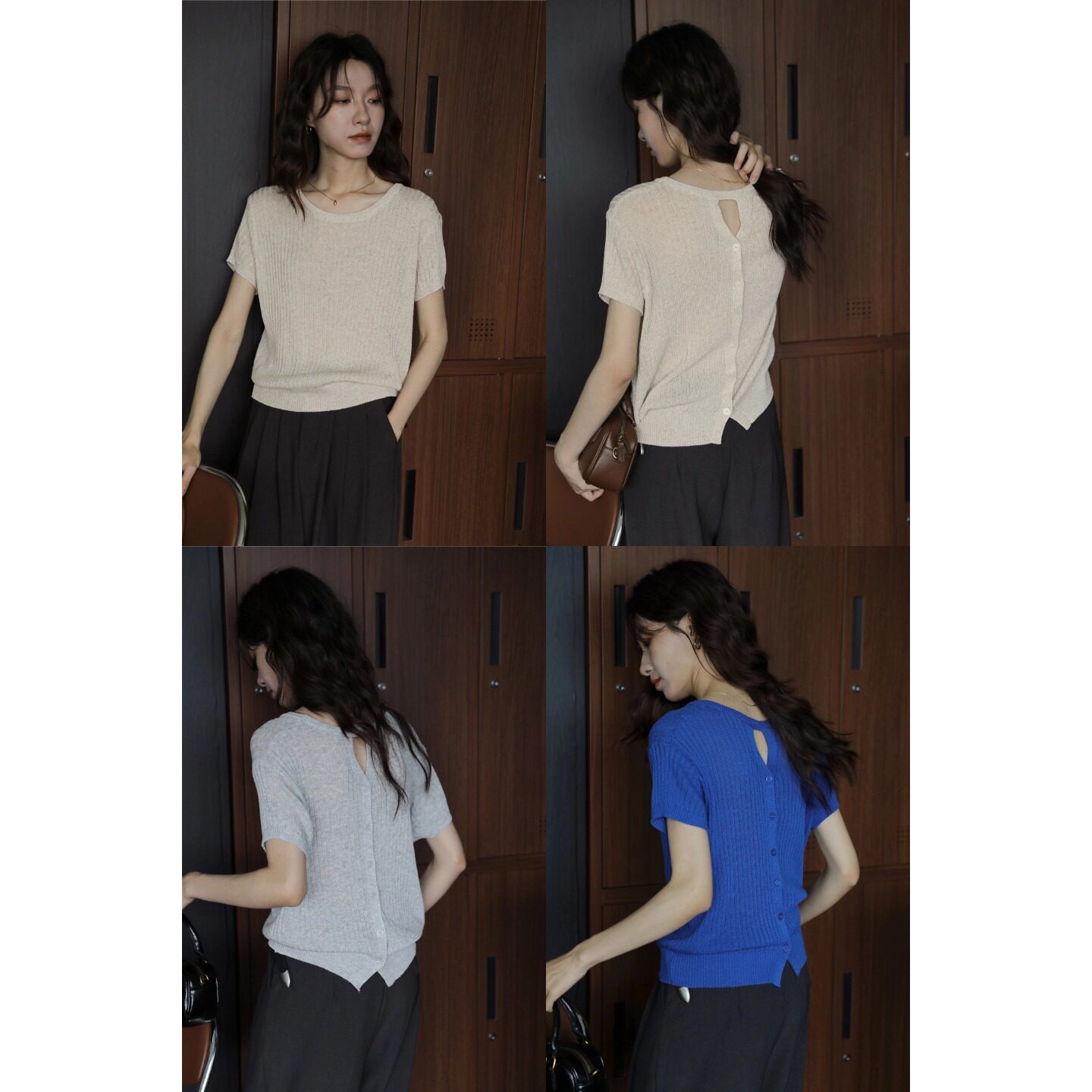 通勤风短袖针织衫女夏杏色显瘦设计感宽松圆领夏季套头镂空上衣服