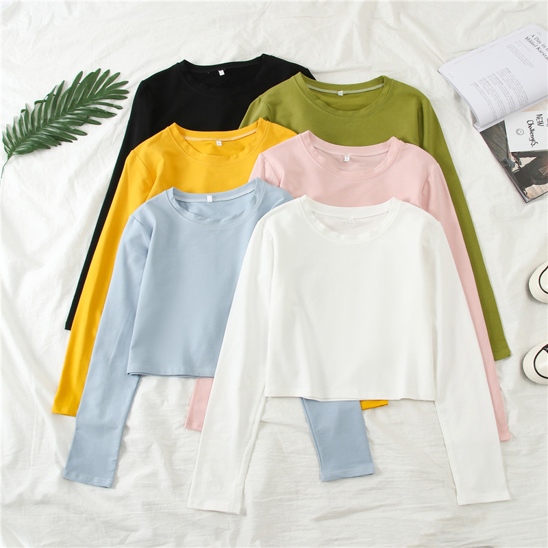 Trendy High-Waisted Short Long-Sleeve T-Shirt for Spring and Summer, Solid Color Women's Top, Round Neck, Thin Base Layer Shirt