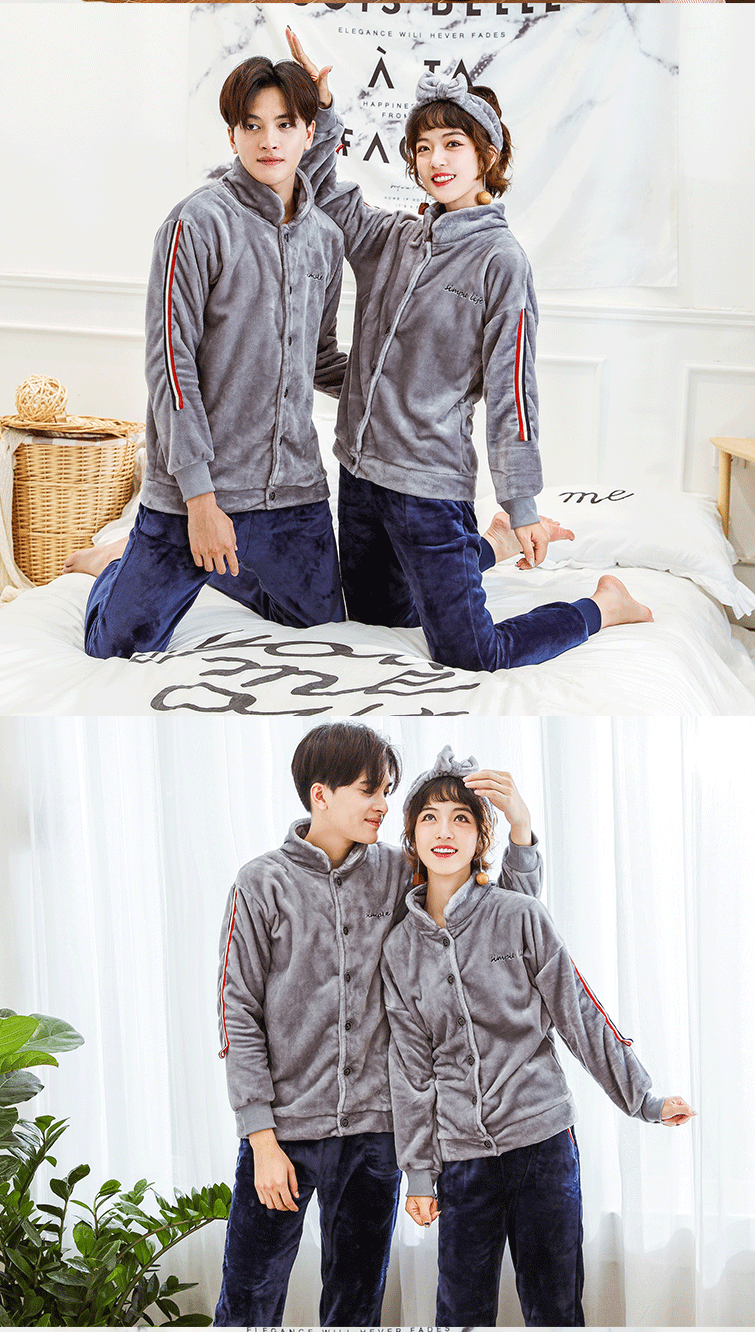 Coral fleece vài bộ đồ ngủ dày nam và nữ flannel mở dài tay phục vụ nhà phù hợp với mùa thu và mùa đông mới thời trang mặc nhà 