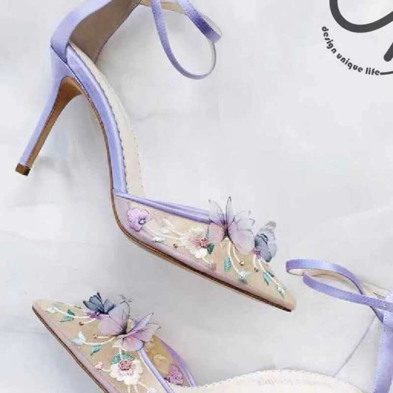2026 French Wedding Shoes for Women, Purple Banquet Dress, Wedding Dress, Chiffon Butterfly Cut-Out Mesh Pointed Toe High-Heeled Sandals