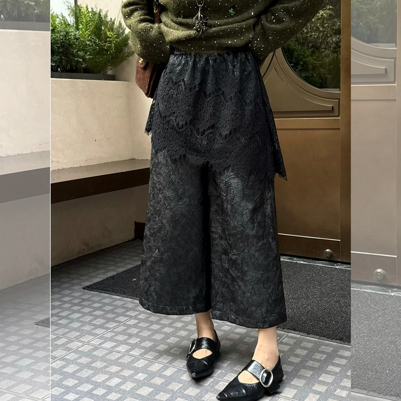 Ye Dafei Ydfstudio Niche Eurasian Art Autumn European Style Pleated Craft Spliced Lace Butt-Hugging Leather Pants