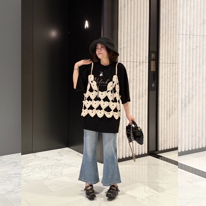 Ydfstudio Niche Brand【Rose Bailey】European-Style Heavy-Duty Vest Layered with Rhinestone Patchwork Design T-Shirt Set