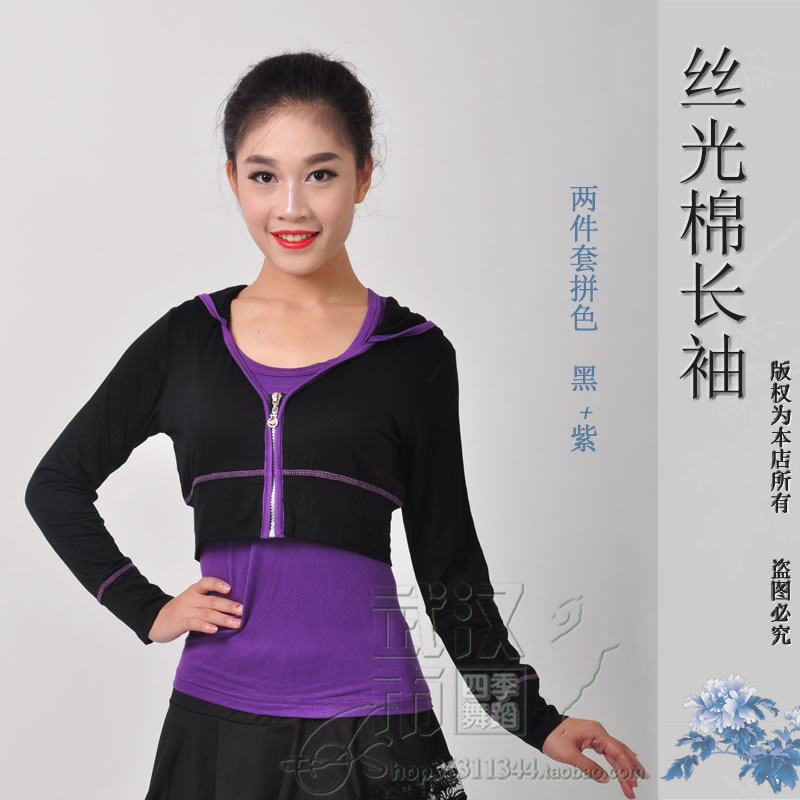 Aerobics top * all-match mercerized cotton long sleeves * color matching 2-piece set * long sleeves with slanted edge tie * knotted top