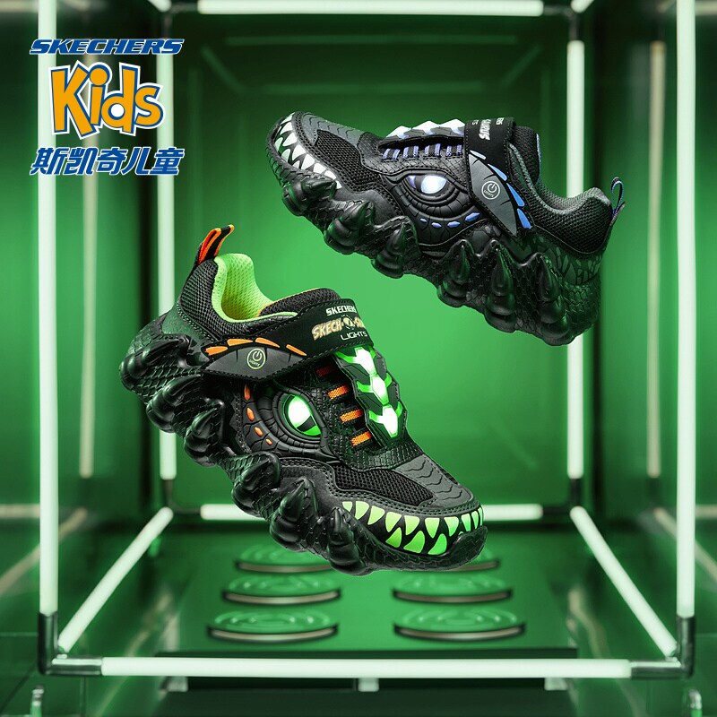 Skechers Boys' Monster Shoes Trendy Cool Dinosaur Flashing Light Shoes Fashionable Non-Slip Casual Sports Shoes 400112L