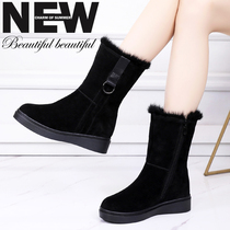 Snow boots women winter 2021 New slope heel thick soles womens shoes rabbit hair cotton boots plus velvet flat size mid-tube boots