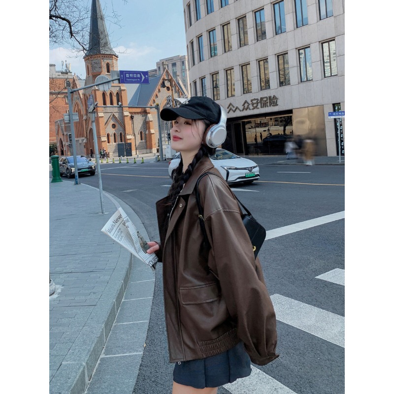 Brown Leather Jacket for Women 2026 New Style Petite Super Trendy Retro Unique Stylish Melard Motorcycle Leather Jacket