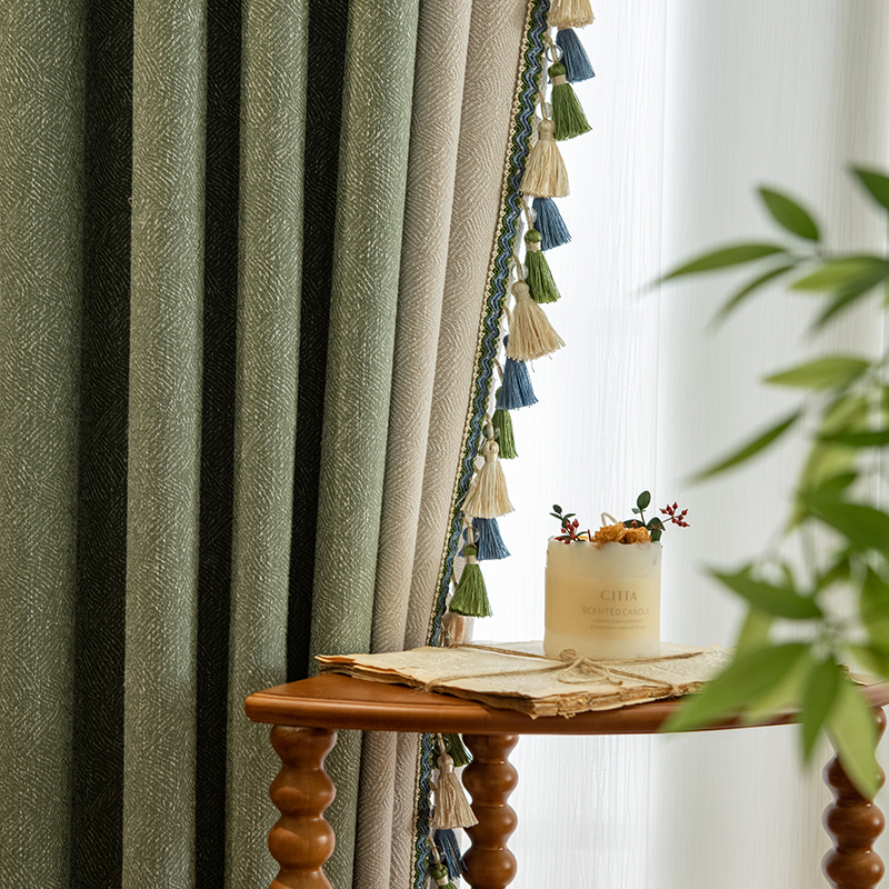 2023 new smeared tea green curtains minimalist American modern geometric shading thickened cotton linen room bedroom custom-made-Taobao