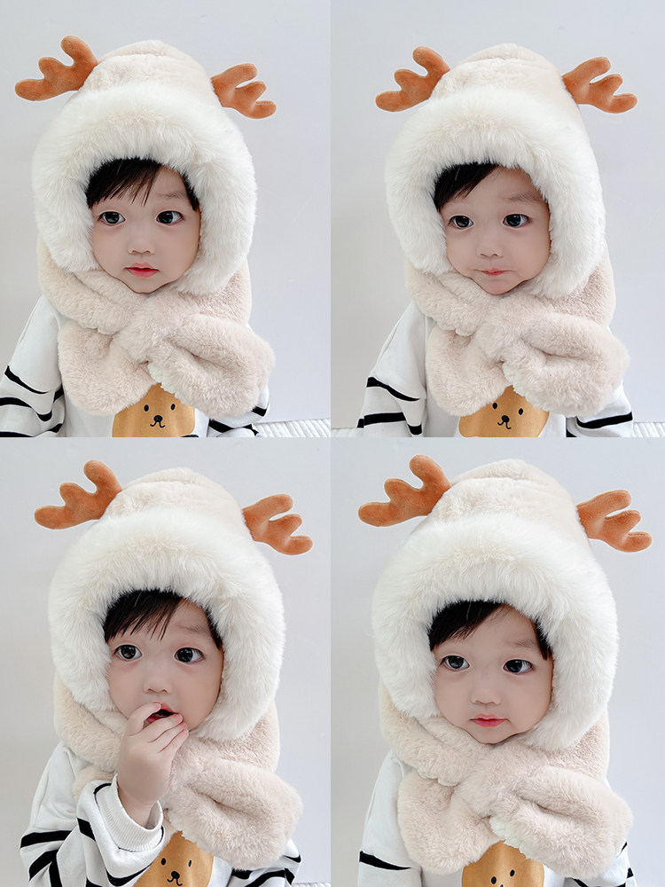 Three-to-five-year-old girl winter hat and scarf all-in-one children's warm cute super cute baby thickening plus velvet scarf