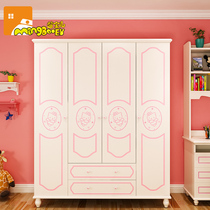 Childrens wardrobe girl four-door cartoon wardrobe Childrens assembly small apartment type 4 doors solid wood flat door storage cabinet