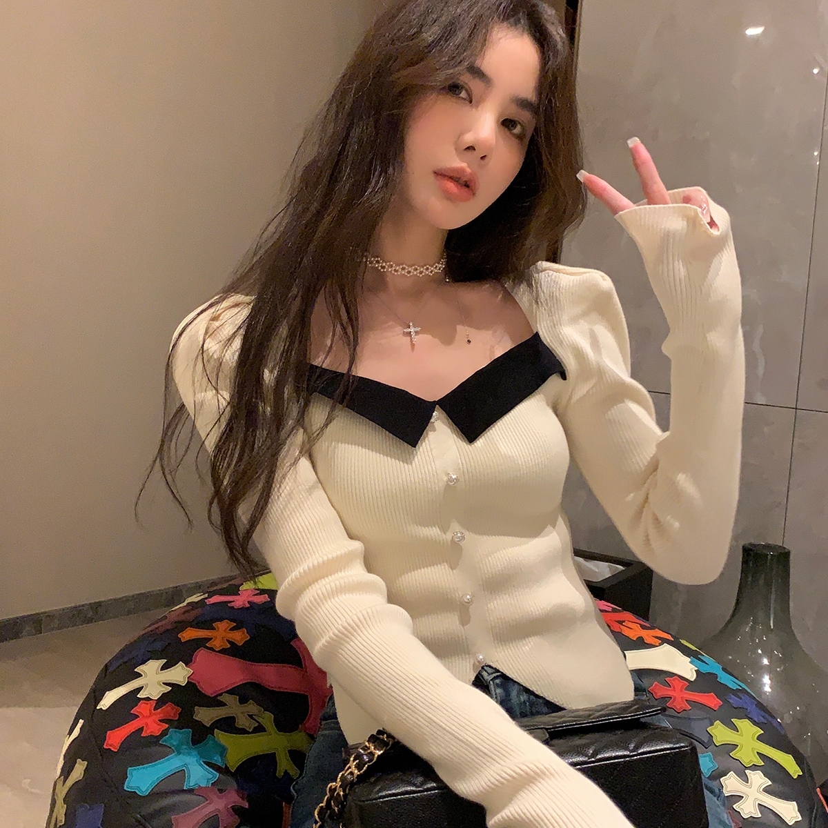 修身型小个子休闲显瘦拼色打底针织衫