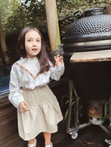  Shi Pea girl shirt French sweet little girl long-sleeved top Autumn fashion embroidered wild white shirt