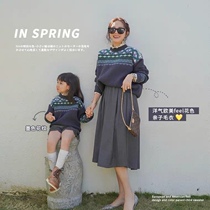  Shi Pea parent-child clothing a family of three European and American style color long-sleeved sweater spring clothes girls round neck pullover sweater