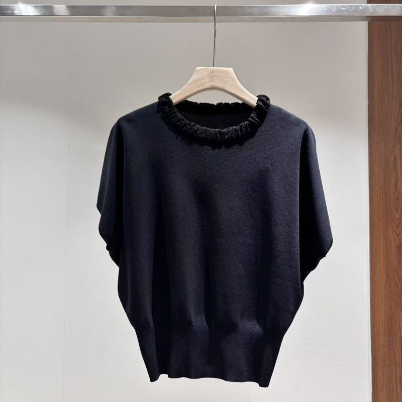 Sophie Boutique European Collection Original Ruffled Edge Solid Black Batwing Knit Top S261532