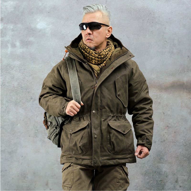 Siliubu Retro Classic Waxed Fabric down Jacket Outdoor Hunting Jacket Men's Heavy-Duty Goose down Jacket 850+ Fill Power