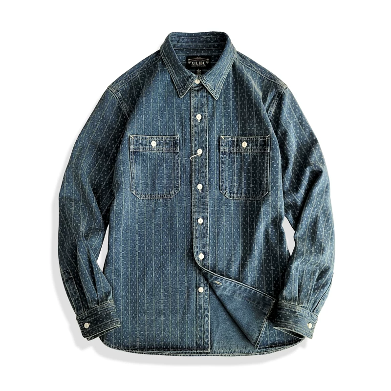 Индийго-эм цвет Indigo окрашенная рабочая одежда с distressed клетчатая рубашка классическая американская ретро жаккардовая ами хаки повседневная стирка