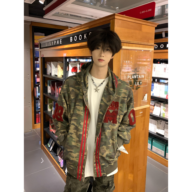 American Retro Camouflage Badge Embroidered Cardigan Hooded Sweatshirt Men's Autumn and Winter Loose Couple Youth Jacket