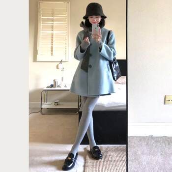 Blue bow petite mid-length woolen coat