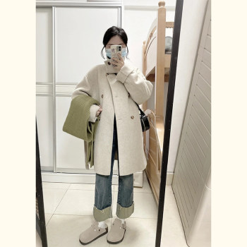 Small mid-length double-breasted thickened woolen jacket